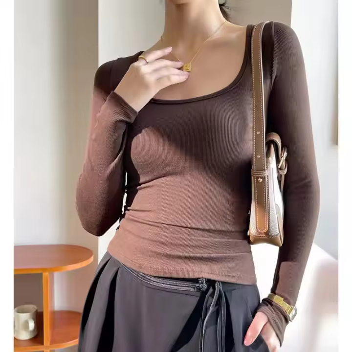 Camiseta de manga larga para mujer, estilo básico, versátil y delgado, con cuello cuadrado y ribete exterior, estilo modal. - 1