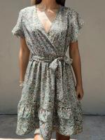Mini Vestido Floral de Verano Cuello en V, Manga Corta con Volantes, Vestido Elegante de Línea A con Cinturón para Mujeres - details 5