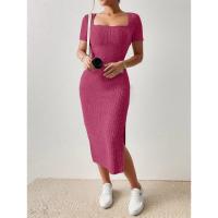 Cuello cuadrado de verano, falda de longitud media que abraza la cadera, manga corta, vestido con abertura de punto versátil - details 18