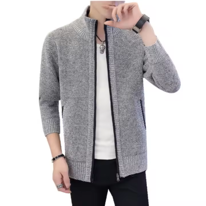 Camisa de manga larga de punto con cremallera y cuello alto para hombre, moda de otoño e invierno - 1