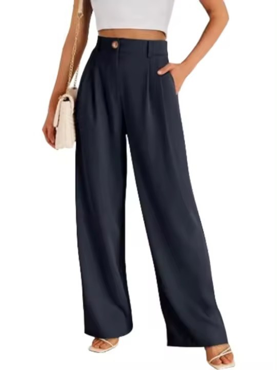 Pantalones de pierna ancha de cintura alta para mujer con bolsillos, moda coreana original - 1