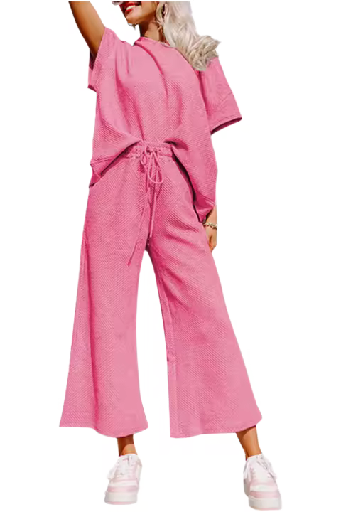 Elrachen Conjunto de camiseta holgada con textura rosa fresa y pantalones con cordón para mujer, rosa fresa, tallas S-2XL - 1
