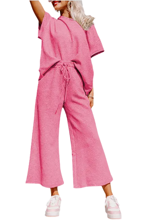 Elrachen Conjunto de camiseta holgada con textura rosa fresa y pantalones con cordón para mujer, rosa fresa, tallas S-2XL - 1