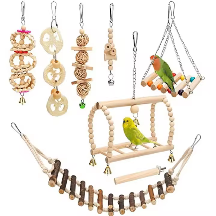 Juguetes para Pájaros de Madera 8 Piezas Juego de Periquito Masticador Juguetes Colgantes de Escalada para Pájaro Gato y Perro Tipo de Materiales Normales Hechos en China - 1