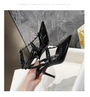 Tacones Altos con Tachuelas Verano 2025 Willow Tacón Fino Sandalias de Punta Negra con Tira de Dos Anillos de Cuero Charol Versátiles Zapatos Individuales. - details 16