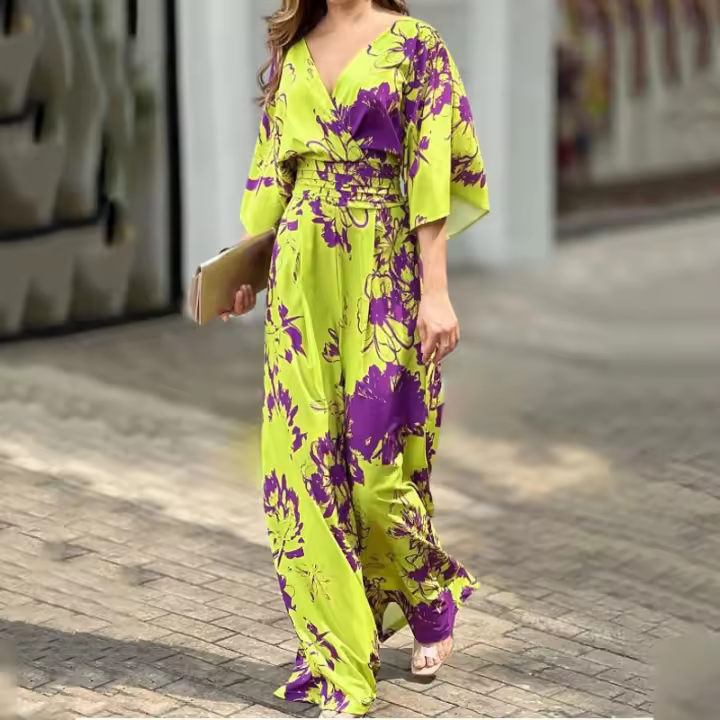 Mono elegante con estampado de manga de murciélago para mujer, mono con cuello en V y cintura, novedad de 2025 - 1