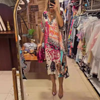 Vestido Midi Casual con Cuello en V Estampado de Leopardo para Mujeres Manga Corta Moda de Verano - details 3