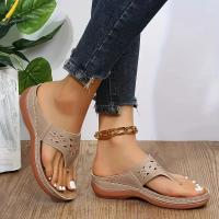 Women Fashion Wedge Sandals Casual Faux Leather Solid Color Flip Flops Lightweight & Comfortable Shoes - details 1