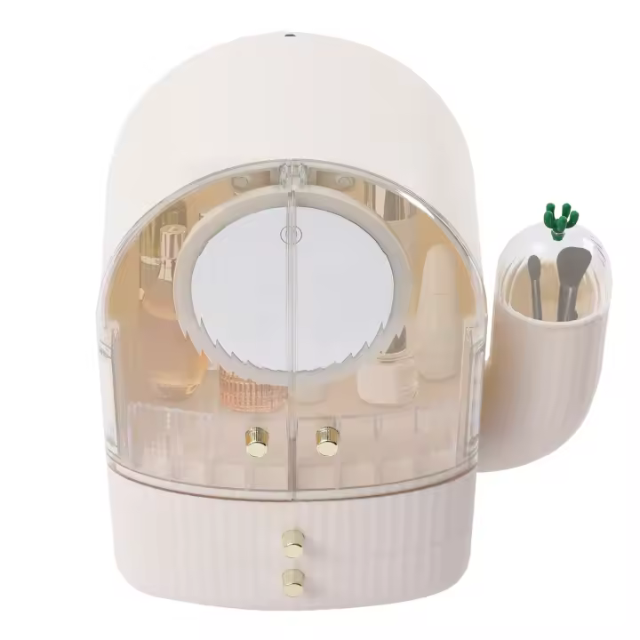 Organizador de cosméticos portátil Cactus, caja de almacenamiento de cosméticos y cubierta antipolvo con luces LED, espejo blanco conveniente y portátil - 1
