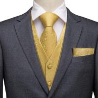 Chaleco de seda negro para hombre, conjunto de gemelos y pañuelo con corbata de Jacquard de Cachemira, chaleco Formal de negocios sin mangas con cuello en V - details 8