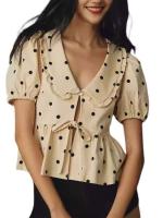2025 Primavera/Verano nueva camisa de mujer de manga corta con cuello de muñeca de Color sólido con rejilla de lunares - details 2