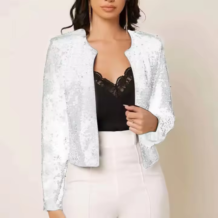 Chaqueta de Lentejuelas Versátil de Moda Manga Larga, Cuello Abierto, Brillo - 1