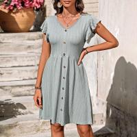 Nuevo vestido de manga corta elástico con cintura con botones y cuello en V para mujer - details 2