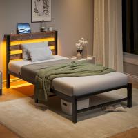 Marco de cama doble con estación de carga y luces LED, plataforma de metal resistente, marco de cama doble de 135 x 190 cm con cabecero de madera con almacenamiento, no necesita - details 12