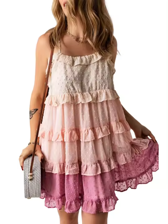 Elrachen Mini vestido con volantes y puntos suizos de color rosa degradado para mujer, rosa, tallas XS-2XL - 1