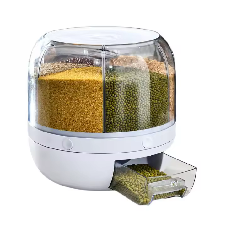 Dispensador de cereales y arroz, contenedor giratorio de 360 °   para alimentos secos de cocina con 6 compartimentos, fácil de q - 1