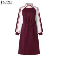 ZANZEA-vestido deportivo de primavera para mujer, vestido informal a la moda de manga larga con rayas en contraste, vestido Midi con cuello levantado y cordón en la cintura - details 4