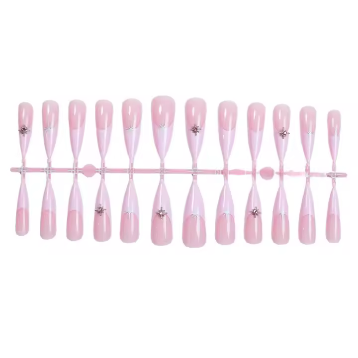 Nuevo rosa francés estrella monts uñas postizas largas puntas rosa francés degradé estrellas 24 piezas hojas de uñas usables - 1