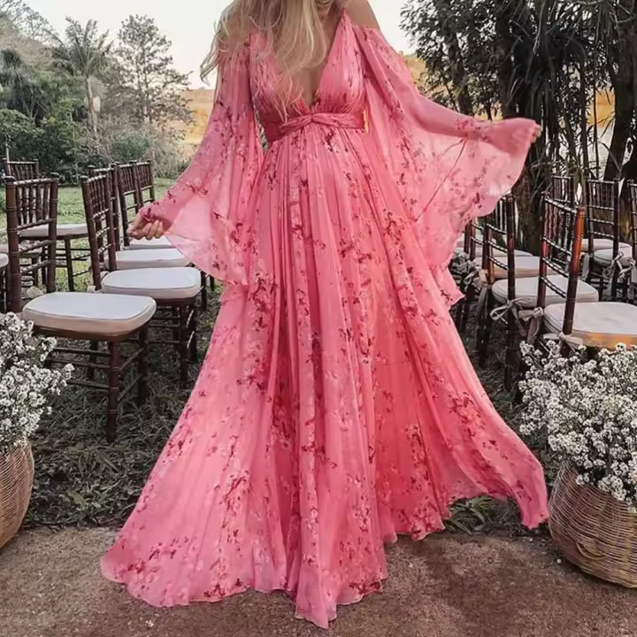 para mujer con cuello en V, floral, rosa largo, tallas grandes - 1