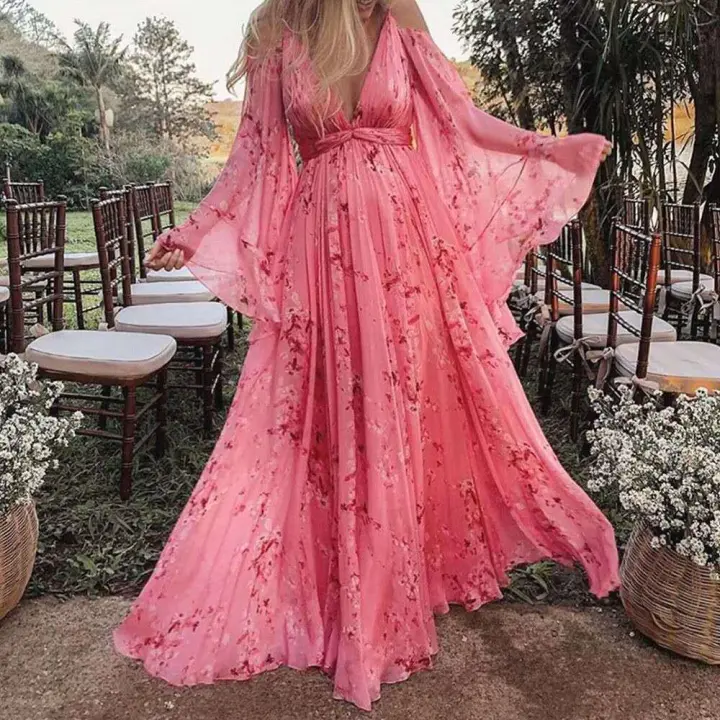 para mujer con cuello en V, floral, rosa largo, tallas grandes - 1
