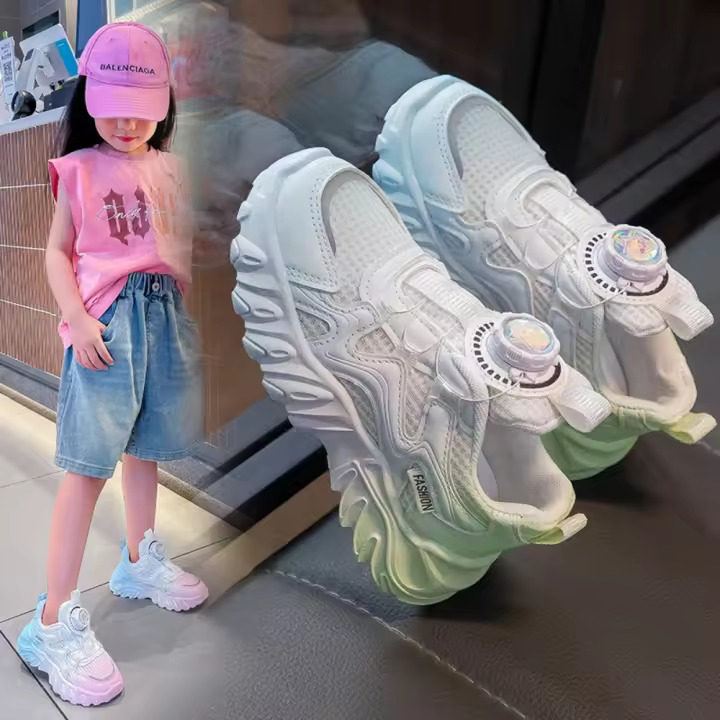 Zapatos para correr Ki de primavera y otoño de malla transpirable antideslizante con suela suave y botón giratorio para niñas - 1
