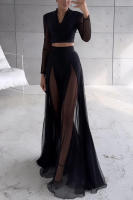 Conjunto de dos piezas de vestido de manga larga con empalme de gasa elástica, estilo europeo y americano, nueva colección primavera-verano 2025, falda de vacaciones INS. - details 3