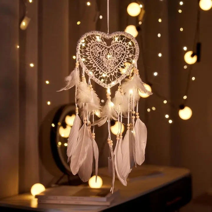 Atrapasueños LED con plumas hecho a mano atrapasueños adornos colgar pared para decoración hogar dormitorio boda habitación infantil niñas regalo de cumpleaños - 1