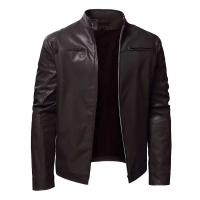 Chaqueta de Moto de Cuero Negro para Hombres Cuello Alto, Color Sólido, Calidez de Invierno, Estilo Callejero - details 3