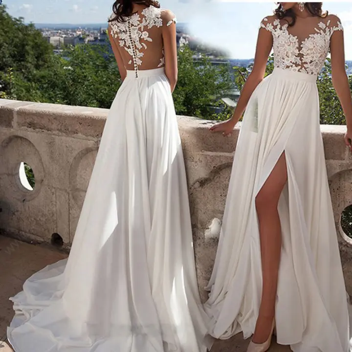 2025 Vestido de noche largo dividido a la moda con cintura media y encaje de boda para mujer - 1