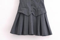 Elegante verano plisado SS para mujer, sin mangas, cuello en V, bolsillos, rayas grises - details 2