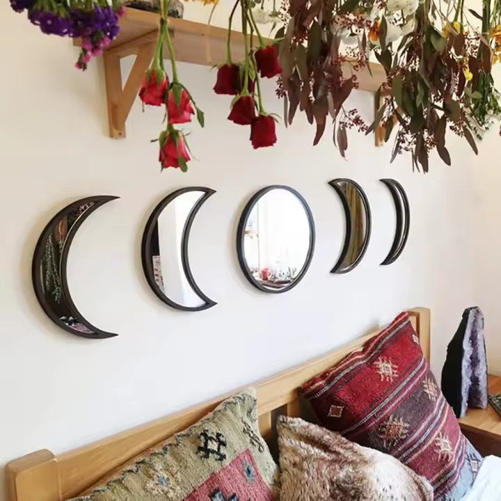 Espejos de fase lunar acrílicos de decoración Natural, diseño de Interior del hogar, espejo de fase lunar de madera, decoración de pared bohemia, 5 uds. - 1