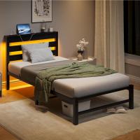Marco de cama doble con estación de carga y luces LED, plataforma de metal resistente, marco de cama doble de 135 x 190 cm con cabecero de madera con almacenamiento, no necesita - details 28