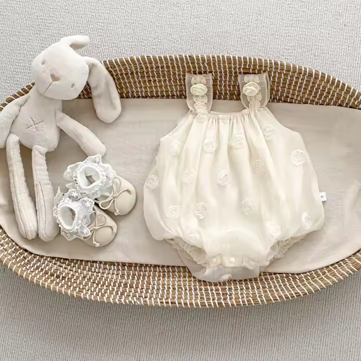Nuevo traje de verano para bebés niñas con bata de rosas y pantalones acolchados, conjunto de camiseta y pantalón, estilo lindo y cómodo para el día de los cien días. - 1