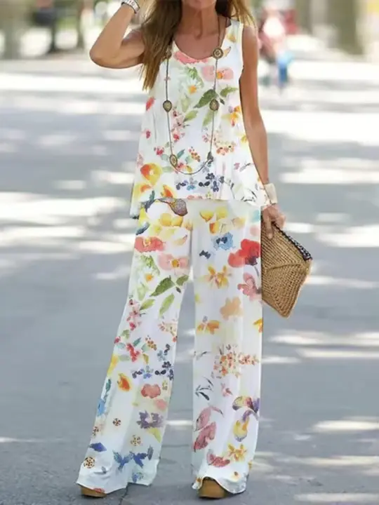 Conjunto de 2 piezas, top y pantalón estampado para mujer, chaleco elegante, conjunto de pantalón de verano, chaleco, - 1