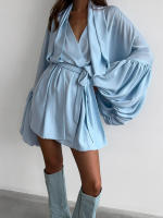 Otoño nuevo vestido fruncido con cuello en V y manga con lazo para mujer con sentido del diseño, elegante y a la moda para - details 2