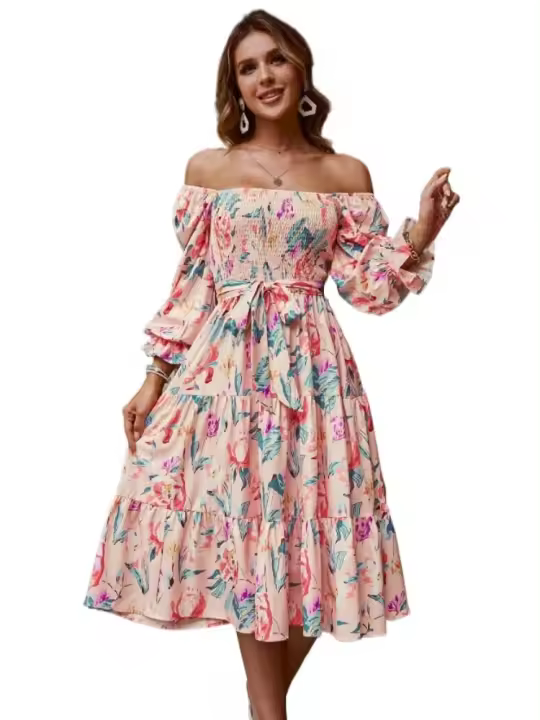 Vestido con cuello cuadrado para mujer, vestidos florales de manga larga, elegante y bonito, - 1