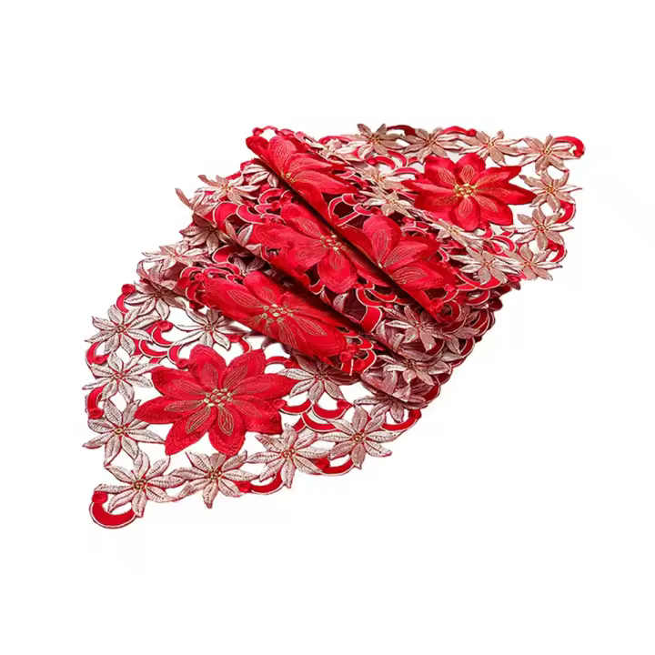 Camino de mesa de Navidad, ropa de mesa bordada de hoja de acebo de Poinsettia, decoraciones navideñas, 15X70 pulgadas - 1