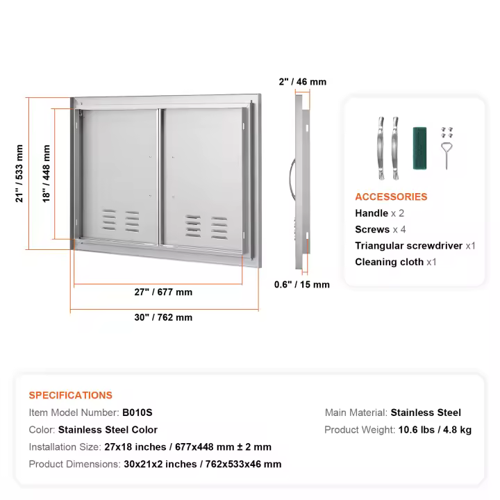 SucceBuy Puerta de acceso, puerta de montaje empotrado con placa fría, puerta vertical de pared, para isla de barbacoa, estación de parrilla, gabinete exterior - 1