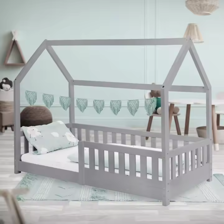 Cama Infantil 90x200cm con Reja Protectora Techo y Somier Estructura Listones de Madera de Pino Maciza Color Gris Claro Diseño Creativo Mueble de Dormitorio Mobiliario Casa-Cama para Niños - 1