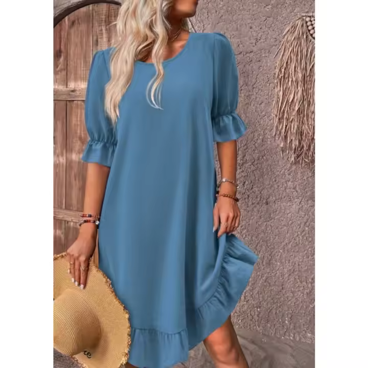 Vestido de Lino y Algodón Retro para Mujer Primavera-Verano Cuello Redondo, Manga Mediana, Color Sólido, Vestido Suelto con Flecos - 1