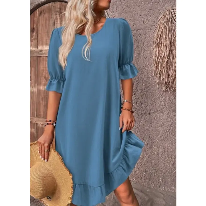 Vestido de Lino y Algodón Retro para Mujer Primavera-Verano Cuello Redondo, Manga Mediana, Color Sólido, Vestido Suelto con Flecos - 1