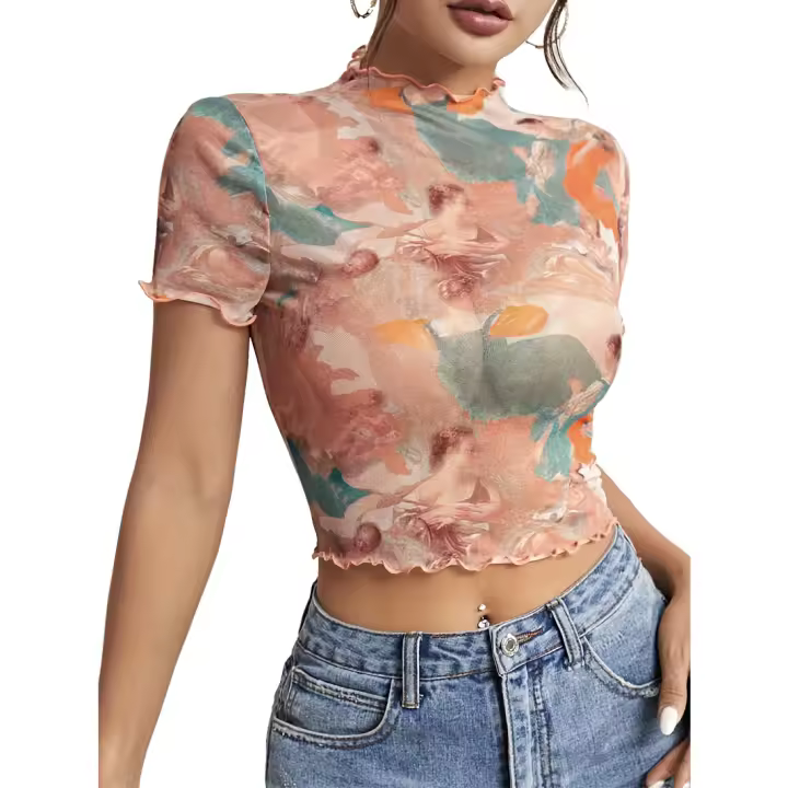Nueva camiseta de manga corta elegante con estampado de malla, camisetas de manga corta con ribete de oreja de madera para mujeres - 1