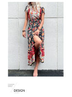 Vestido Boho Floral Vintage Manga Corta, Cuello en V, Vestido de Playa de Verano Bohemio - details 12