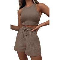 Conjunto de dos piezas de verano para mujer, chaleco sin mangas de color sólido con textura gofre y pantalones cortos casuales de moda. - details 21