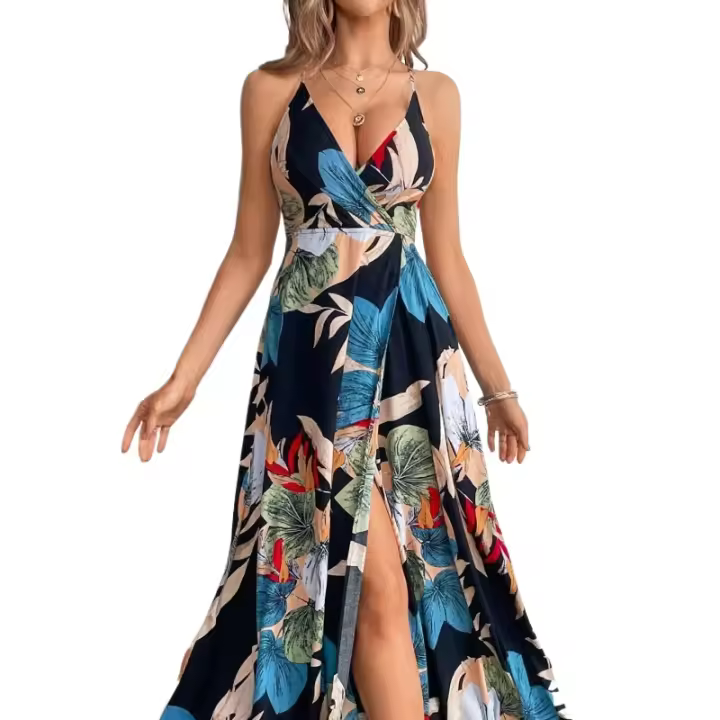 2025 vestido con estampado tropical sin espalda y muslo separado - 1