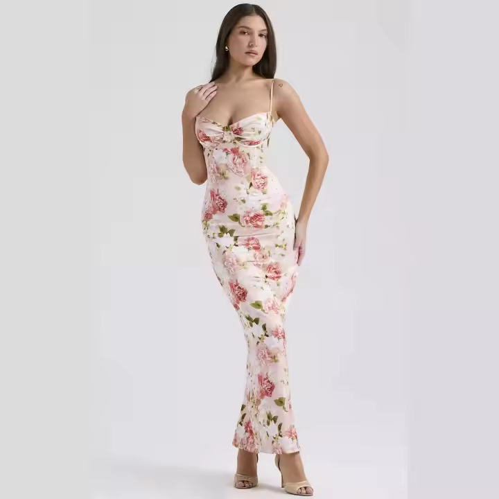 Vestido largo maxi con cuerpo de cintura alta y estampado floral sexy - diseño de corsé sin tirantes para fiesta/cita/vacaciones - 1