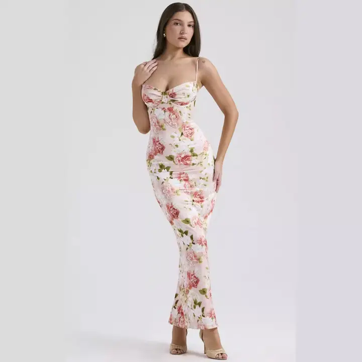Vestido largo maxi con cuerpo de cintura alta y estampado floral sexy - diseño de corsé sin tirantes para fiesta/cita/vacaciones - 1