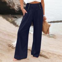 Pantalones largos sueltos de lino y algodón de pierna ancha para mujer con cintura elástica informal de primavera y verano - details 6