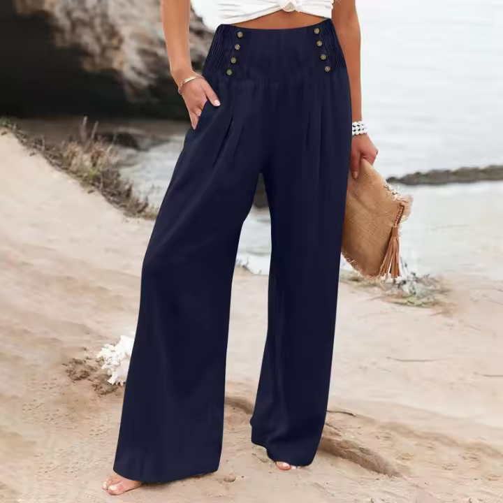 Pantalones largos sueltos de lino y algodón de pierna ancha para mujer con cintura elástica informal de primavera y verano - 1