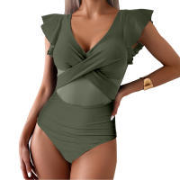New Clashing One-piece Swimming Costume Small Fly Sleeve Bikini Women Quick Dry Sports Deep V Cross Hollow One-piece Swimsuit - details 16
